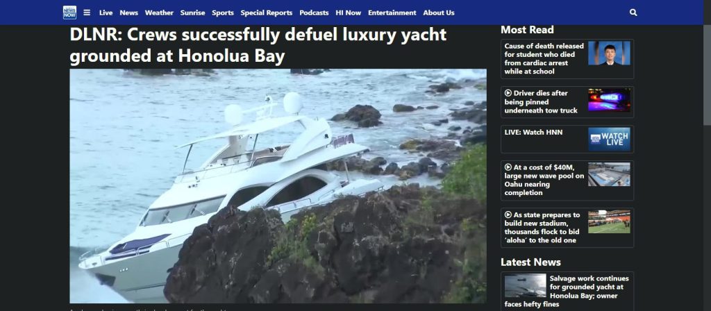 News article about charter yacht running aground in Honolua Bay, leaking diesel fuel and destroying parts of the preserved reef